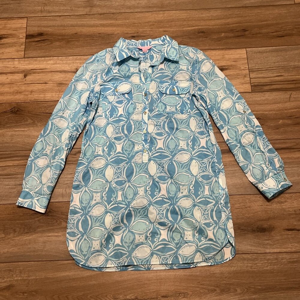 Lilly Pulitzer Captiva Tunic Top SZ Small Blue What A Racquet Button Up Blouse